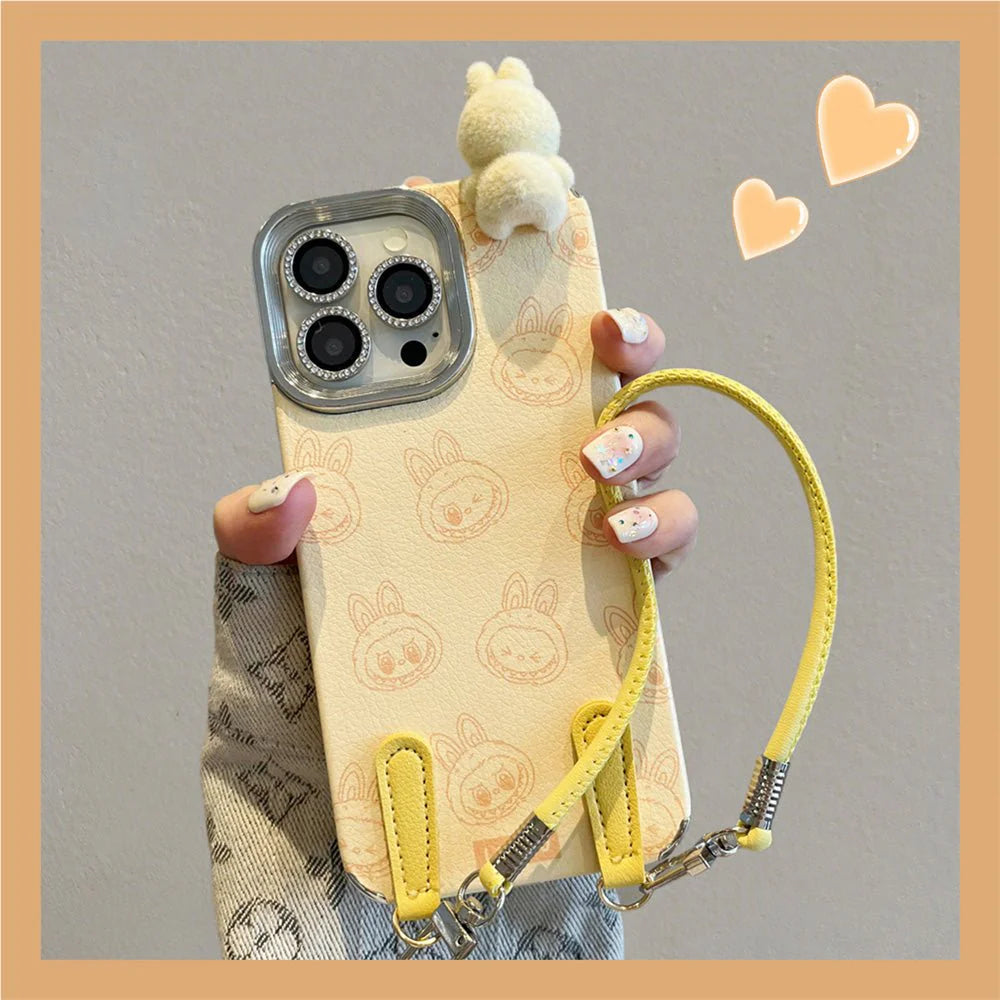 Labubu 3D cartoon Apple phone case with lanyard Cute anti-fall iPhone protective case suitable for multiple models