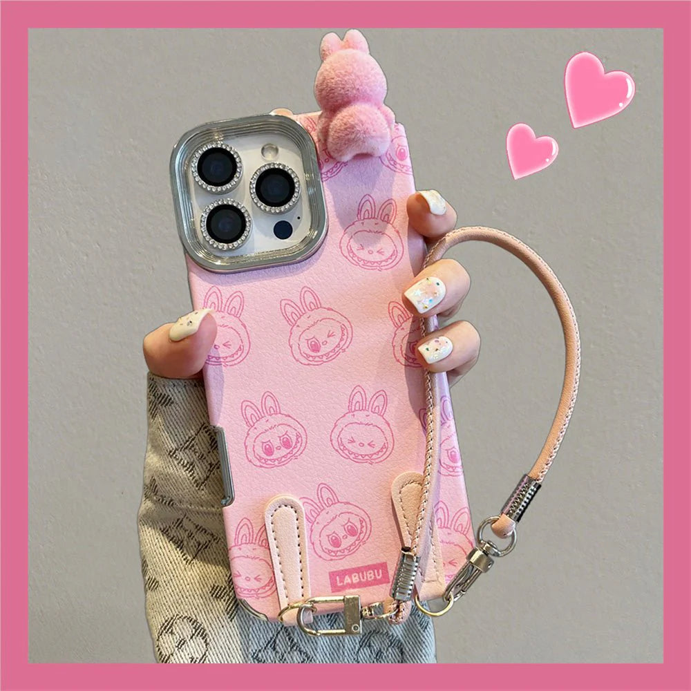 Labubu 3D cartoon Apple phone case with lanyard Cute anti-fall iPhone protective case suitable for multiple models