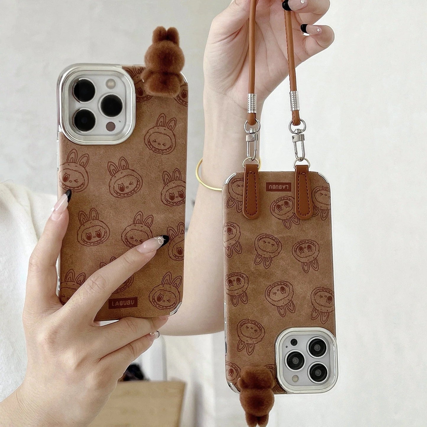 Labubu 3D cartoon Apple phone case with lanyard Cute anti-fall iPhone protective case suitable for multiple models