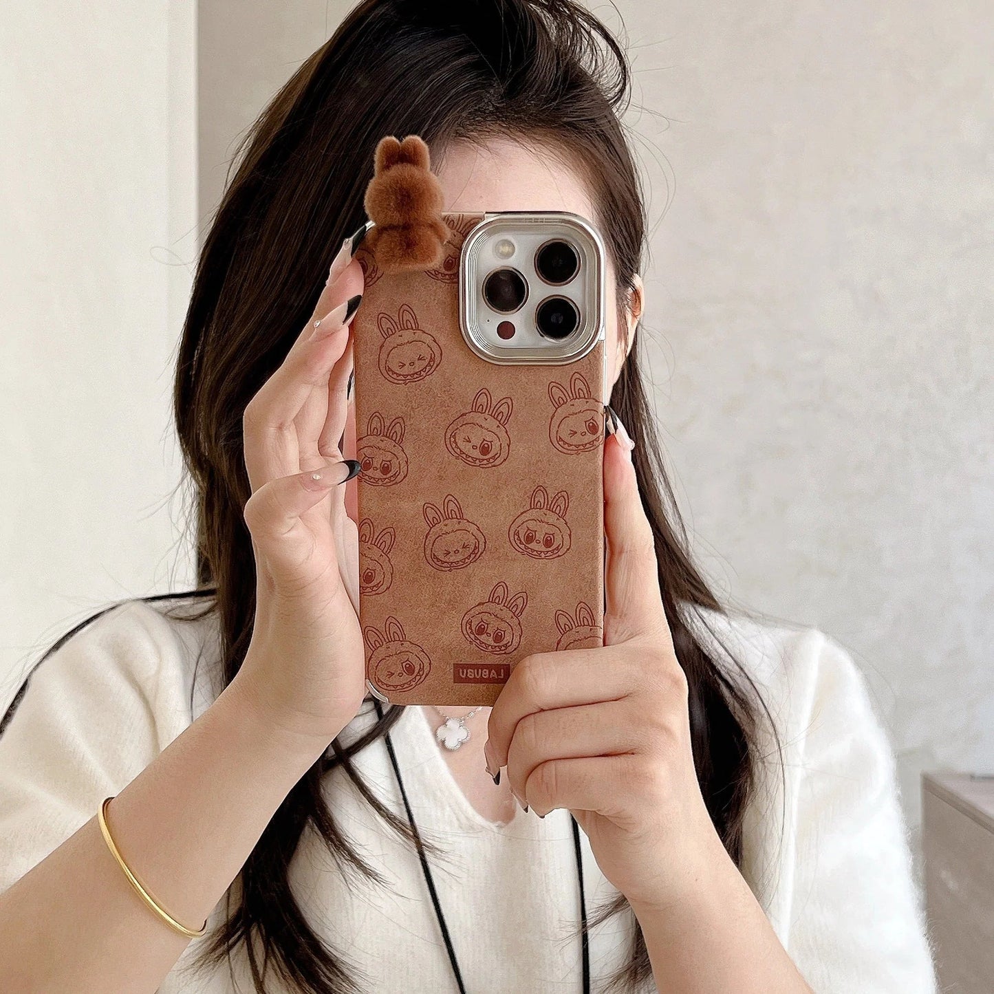 Labubu 3D cartoon Apple phone case with lanyard Cute anti-fall iPhone protective case suitable for multiple models