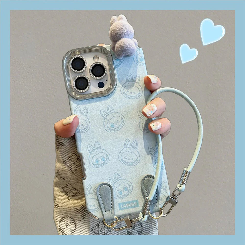 Labubu 3D cartoon Apple phone case with lanyard Cute anti-fall iPhone protective case suitable for multiple models
