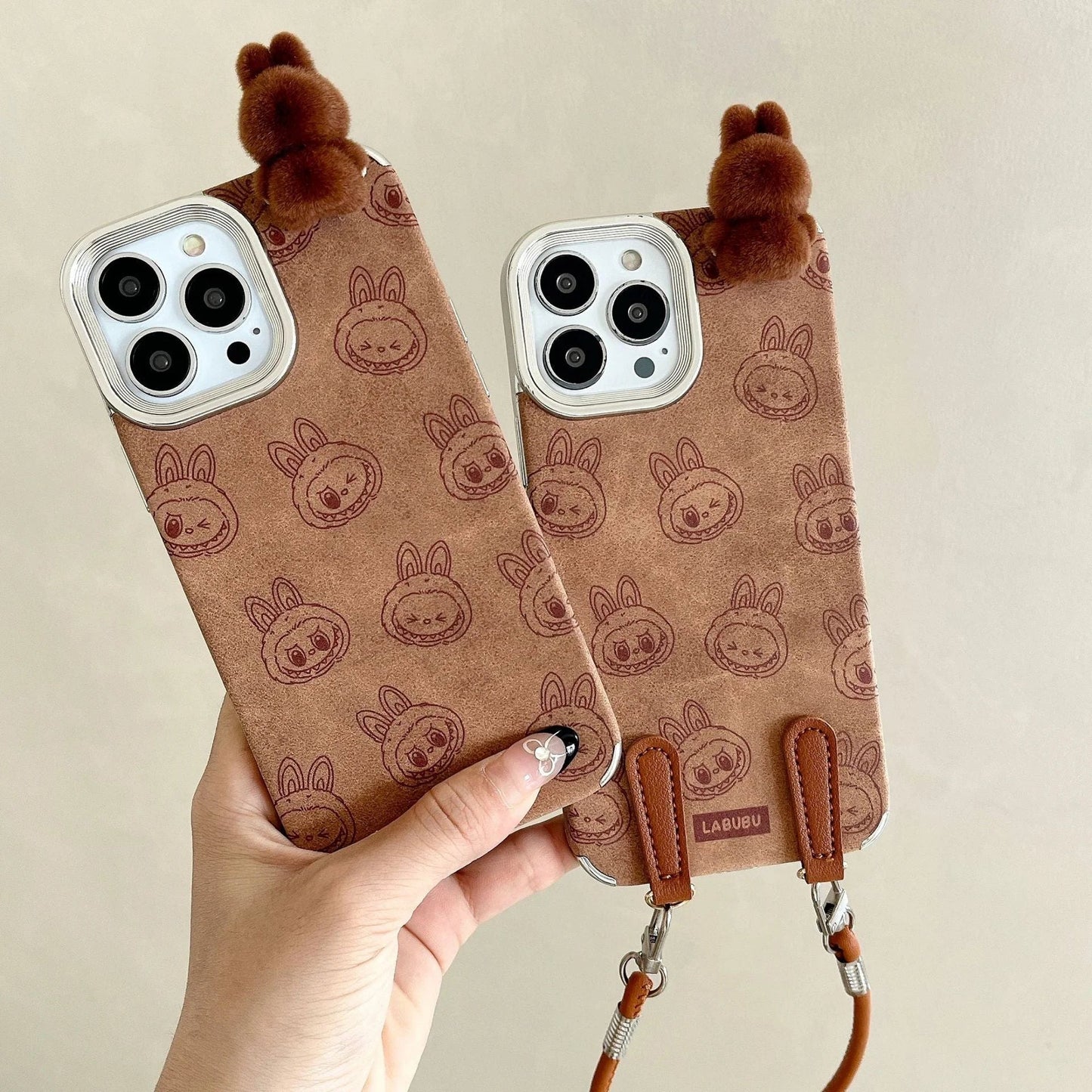 Labubu 3D cartoon Apple phone case with lanyard Cute anti-fall iPhone protective case suitable for multiple models