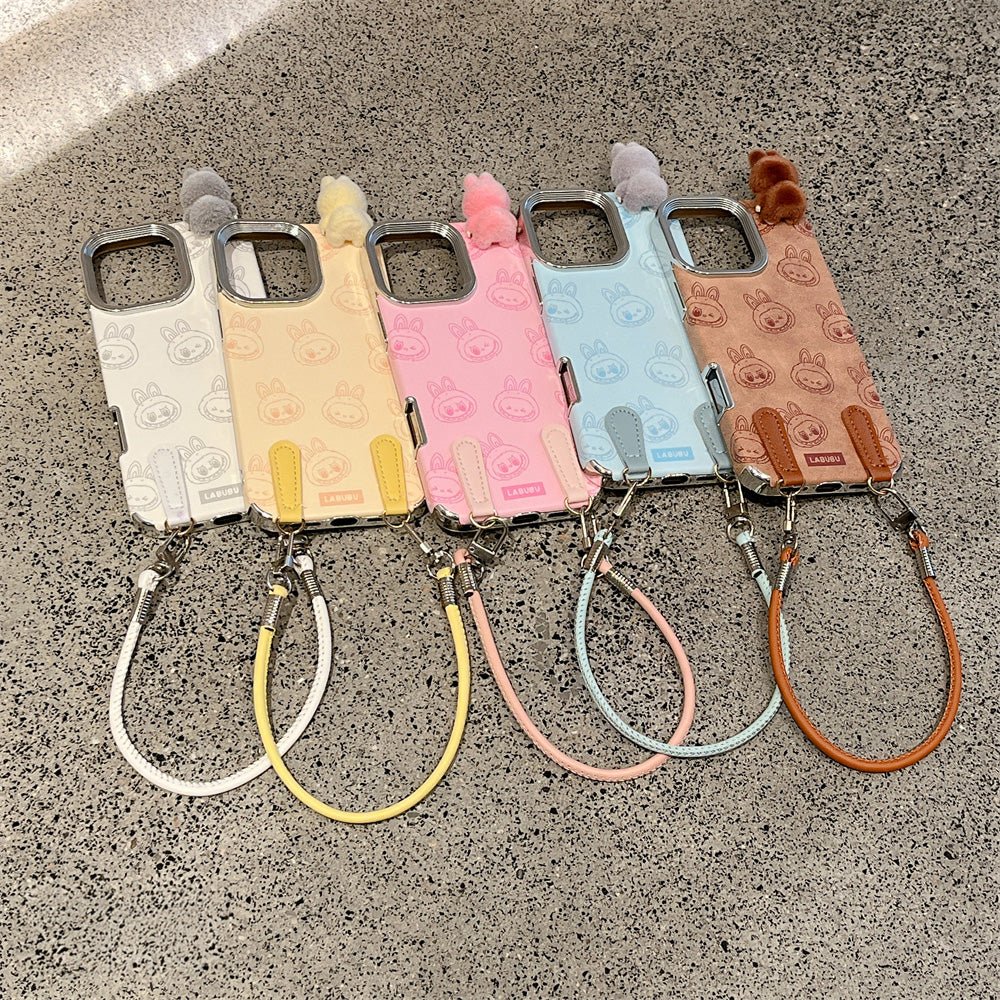 Labubu 3D cartoon Apple phone case with lanyard Cute anti-fall iPhone protective case suitable for multiple models