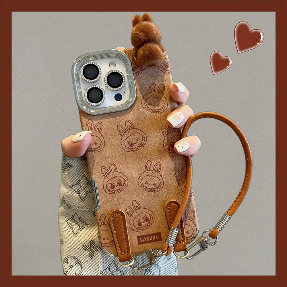 Labubu 3D cartoon Apple phone case with lanyard Cute anti-fall iPhone protective case suitable for multiple models