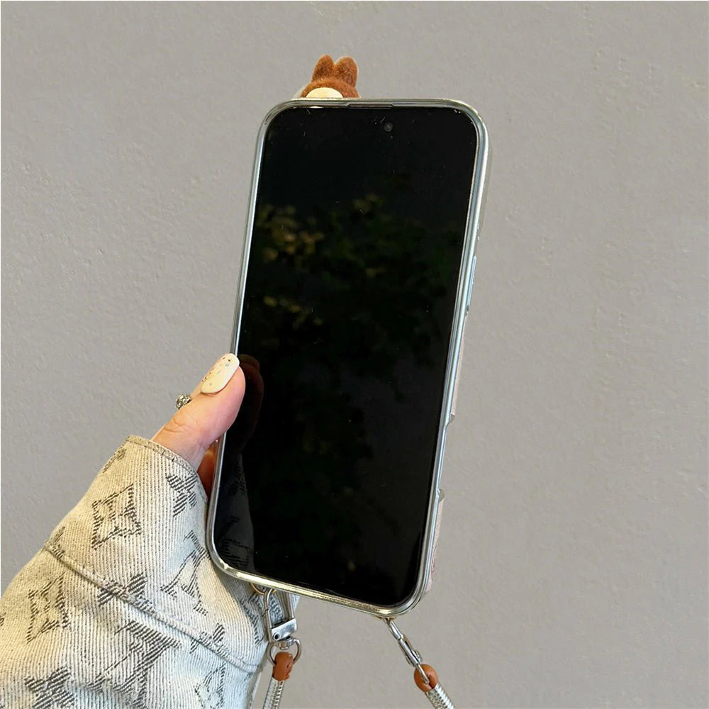Labubu 3D cartoon Apple phone case with lanyard Cute anti-fall iPhone protective case suitable for multiple models
