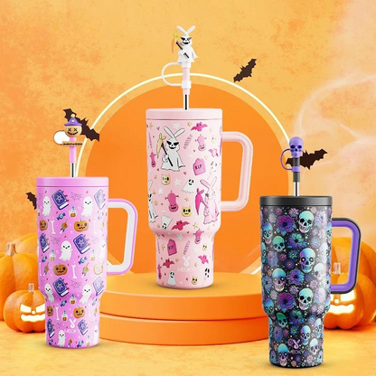 40Oz Halloween Patterned Insulated Tumbler With Handle And Straw