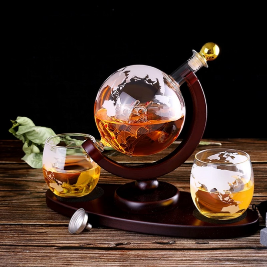 Whiskey Decanter Globe Set with 2 Etched Globe Whisky Glasses
