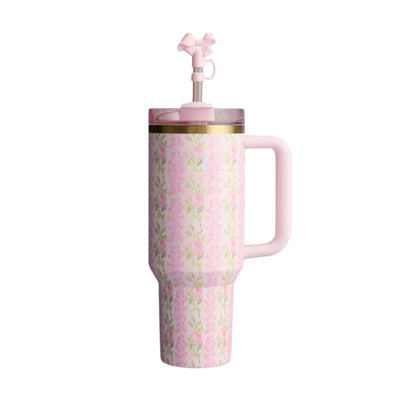 Floral Print Insulated Tumbler With Handle And Straw Lid