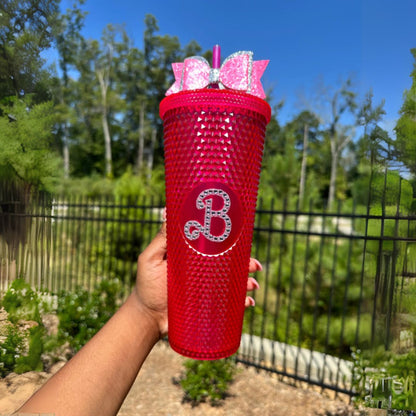 700ml Studded Textured Tumbler With Straw And Decorative Bow