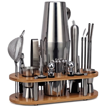 23 Piece Mixology And Craft Cocktail Shaker Set With Wooden Stand