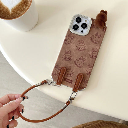 Labubu 3D cartoon Apple phone case with lanyard Cute anti-fall iPhone protective case suitable for multiple models