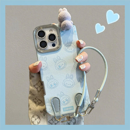 Labubu 3D cartoon Apple phone case with lanyard Cute anti-fall iPhone protective case suitable for multiple models