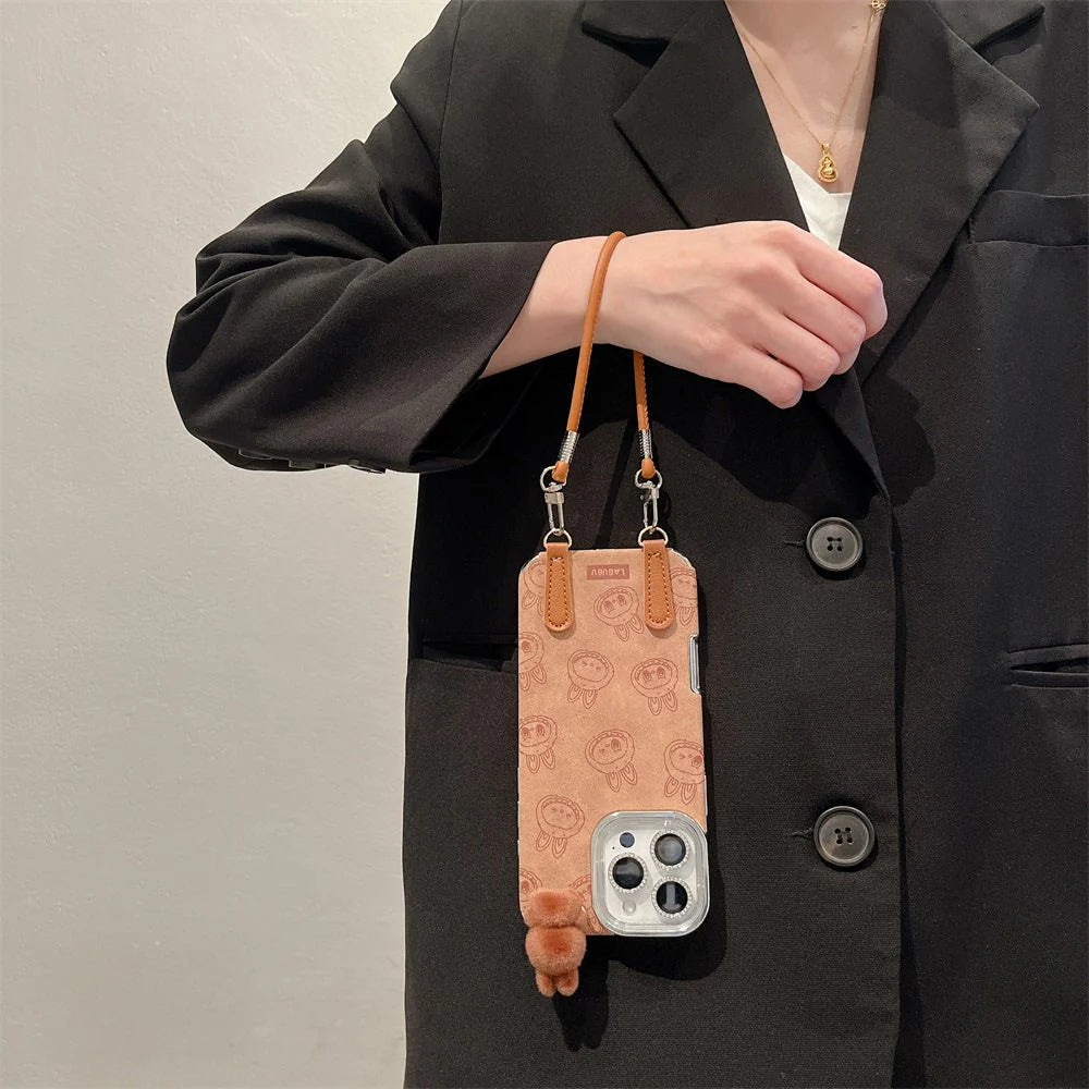 Labubu 3D cartoon Apple phone case with lanyard Cute anti-fall iPhone protective case suitable for multiple models