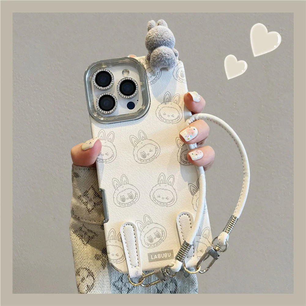 Labubu 3D cartoon Apple phone case with lanyard Cute anti-fall iPhone protective case suitable for multiple models